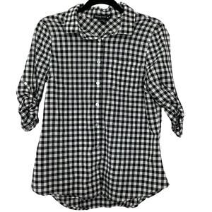 Living Doll Gingham Plaid Shirt Top Button Front Roll Tab 3/4 Sleeve Black‎ M